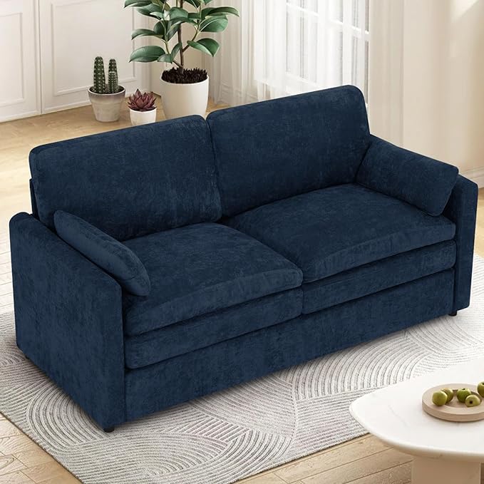 3 Pieces Chenille Sofa Set w/Arm Pillows, Upholstered 2 Pieces Loveseat & 3 Seater Sofa w/Comfortable Back Cushions, Modern 2-Seat & 3-Seat w/High-Density Foam for Living Room, Blue