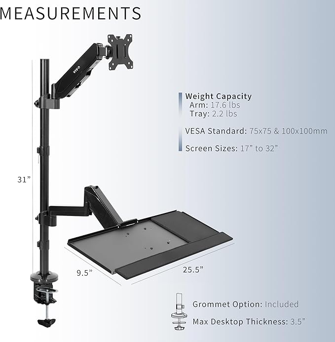 VIVO Sit-Stand Height Adjustable Pneumatic Spring Arm Keyboard Tray Desk Mount for 1 Screen up to 32 inches STAND-SIT1B