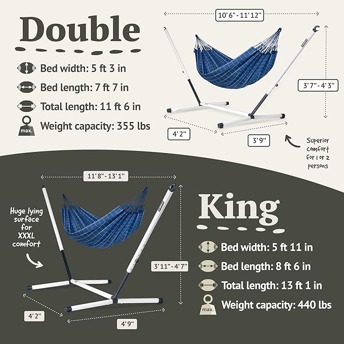 LA SIESTA® - XL King Brisa Classic Hammock & Nautico Steel Stand - Weather & Tear Resistant - Portable, Family Hammock w/Stand - Balcony Porch Garden Outdoor Indoor Hammock - Max 440 Lbs, Marine