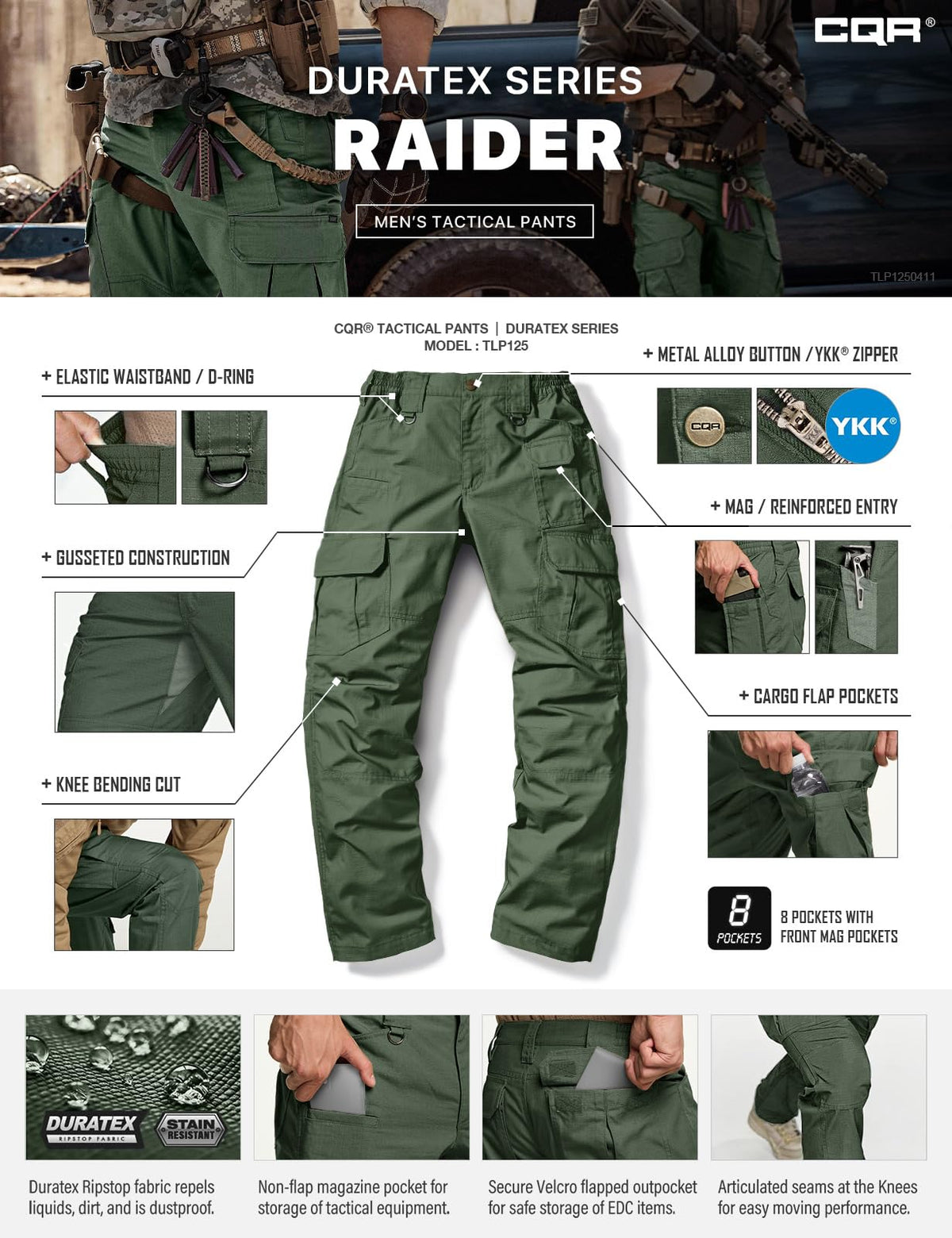 CQR Men's Tactical Pants, Water Resistant Ripstop Cargo Pants, Lightweight EDC Work Hiking Pants, Outdoor Apparel, Raider Mag Green Kelp, 40W x 34L