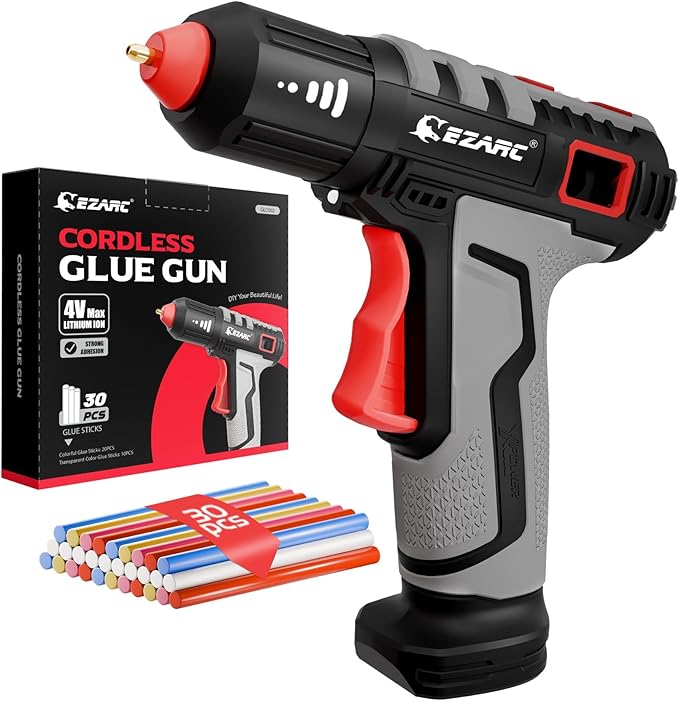 EZARC Cordless Hot Glue Gun with 30 Pcs Mini Glue Sticks, 15s Heating Fast Mini Glue Gun kit, Smart Power-Off, 2500 mAh Rechargeable Battery, DIY, Crafts, Decorations, Home Repairs, Gray
