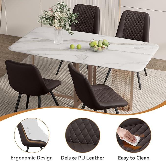 Modern Dining Chairs Set of 6, Top PU Leather Upholstered Dining Room Chairs with Metal Legs, Dark Brown