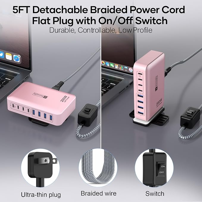 8-Port Multi Charging Stations 200W with Flat Plug Braided Power Cord and On/Off Switch- USB Charging Hub for iPhone iPad MacBook and More- 65W C Port Power Adapter for Laptops