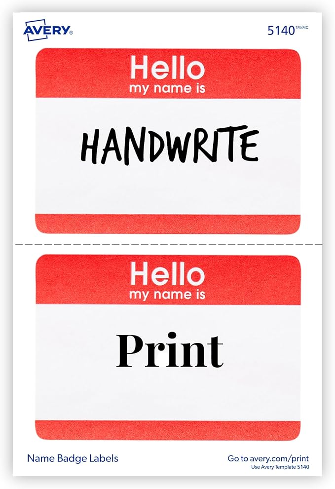 Avery Customizable Name Tags, Hello My Name is, White, Red Border, Removable Adhesive, Laser/Inkjet Printable, 100 Total (5140)