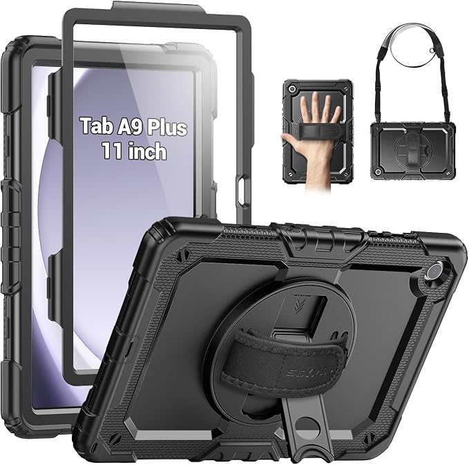SEYMAC Case for Samsung Galaxy Tab A9+ Plus/A11+ Plus 11 Inch Full-body Shockproof Protective Case with Rotating Stand Screen Protector Hand/Shoulder Strap and Pen Holder Black | Heavy Duty Shockp