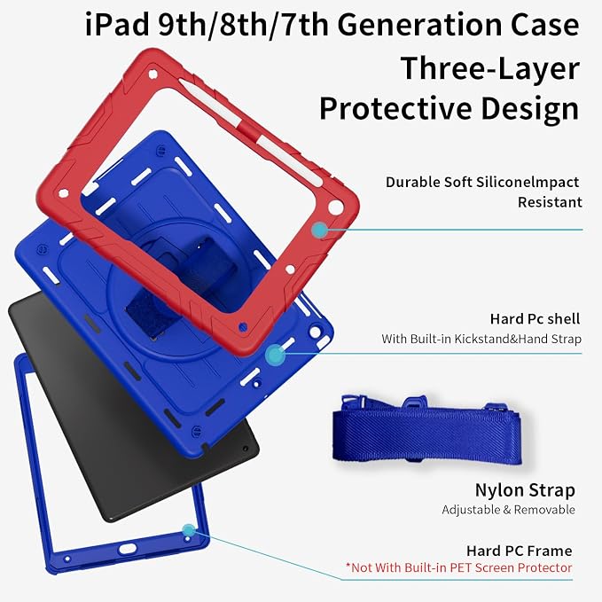 Case for iPad 9th/8th/7th Generation10.2 Shockproof 360 Rotating Stand Shoulder Hand Strap with Pencil Holder for iPad 10.2 inch 2021/2020/2019 Case (Black)