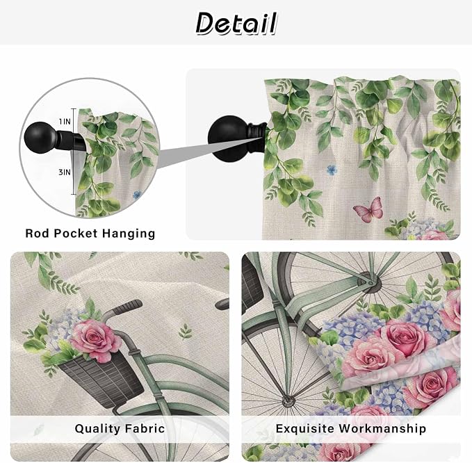 Farmhouse Spring Tier Curtains, Retro Bicycles Flowers Vines Butterfly Light
