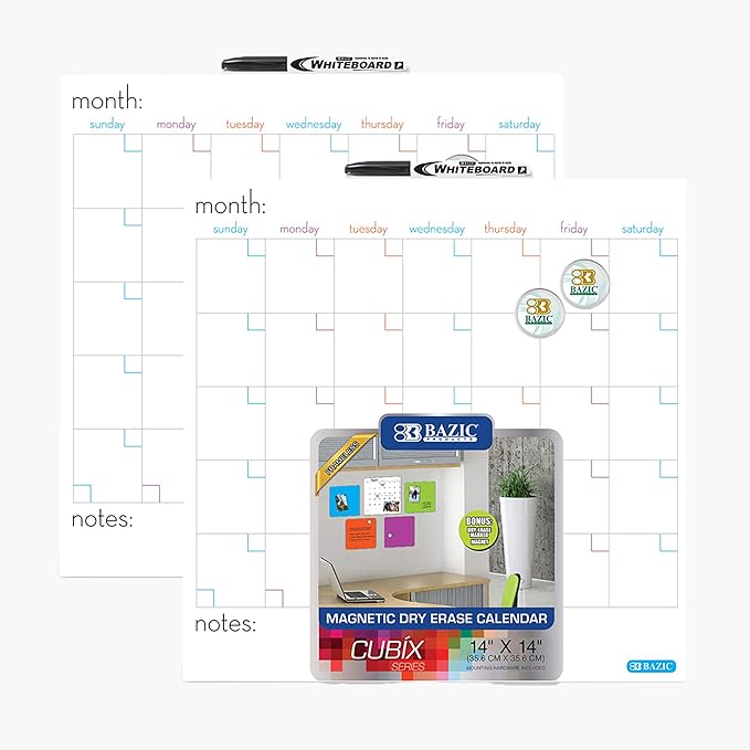 BAZIC Products Magnetic Dry Erase Calendar Board Tile + Markers & Magnets, 14" X 14" Calendar Whiteboard for Office Schedule Planner, 2-Pack