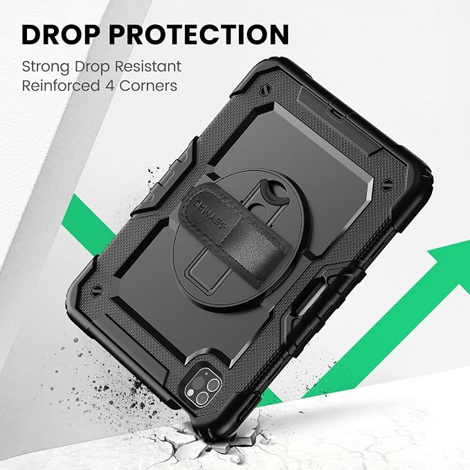 SEYMAC Case for iPad Pro 11 4th/3rd/2nd/1st Gen 2022-2018 Black | Full-Body Shockproof Protective Built-in Screen Protector 360° Rotating Stand Hand/Shoulder Strap Pencil holder
