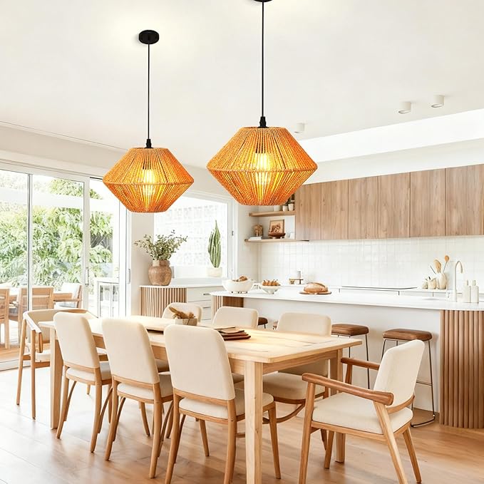 10''Natural Rattan Chandelier Pendant Lights -Small Farmhouse Boho Rattan Hanging lamp with Included E27 Bulb, 120V Wicker Pendant Lamps for Dining Room Kitchen Bedroom Living Room Island
