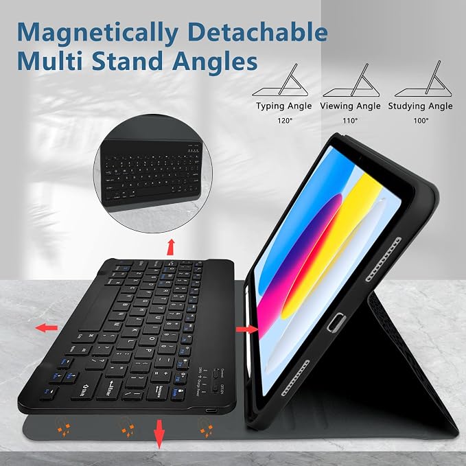 for Bluetooth Keyboard for iPad 10th Gen 10.9 inch (2022) case (A16) 11th / 10th Gen Case 11'' (2025) with 7-Color Backlights Pencil Holder Detachable Rechargeable - Black Cow
