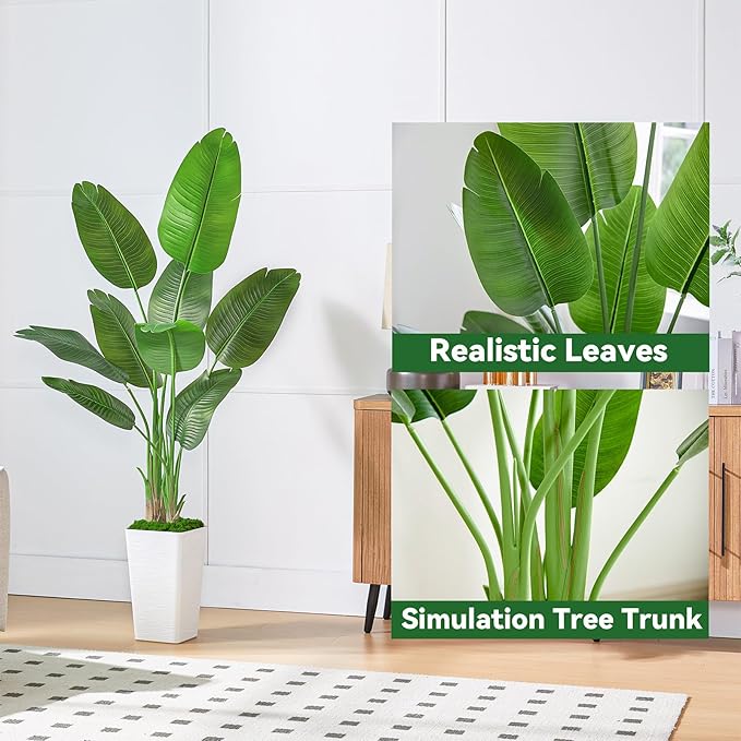 Birds of Paradise Plant Artificial, 6.6FT Fake Plant Faux Banana Leaf Tree with 15 Banana Leaves, Lifelike Tall Fake Tropical Palm Indoor Silk Floor Plant in Black Pot for House,Office,Room,Home Decor