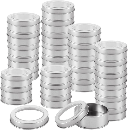 50Pcs 2 Oz Metal Tin Cans, Round Empty Containers with Clear Top, Salve Tins Containers With Lids for Candles Salve Cosmetic Candies Food Storage
