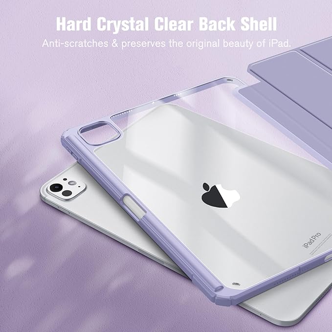 Fintie Hybrid Slim Case for iPad Pro 11-inch (M5) 2025 / (M4) 2024 - [Built-in Pencil Holder] Shockproof Protective Cover with Clear Transparent Back Shell, Lilac Purple