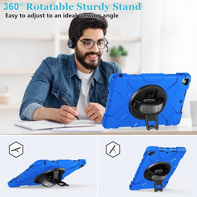 Case for iPad 9th/8th/7th Generation 10.2 Inch Black | Shockproof Protective Silicone Cover with Rotatable Stand-Screen Protector-Handle- Shoulder strap- Pencil holder
