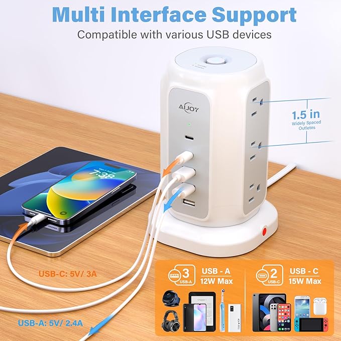 AiJoy Flat Plug Power Strip Tower 9 Outlets and 5 USB Ports (2 USB-C), 1200J Surge Protection, 6.5ft 1625W Extension Cord Charging Station for Home Office Supplies, Dorm Room Essentials