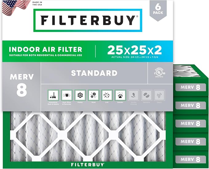 Filterbuy 25x25x2 Air Filter MERV 8 Essential Dust & Allergy Defense,
