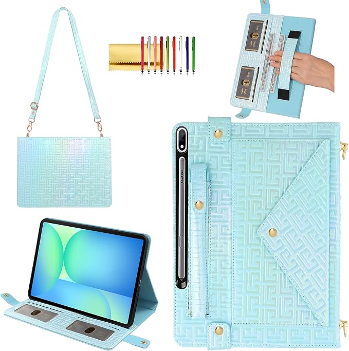 Handbag Case for Samsung Galaxy Tab S10 FE/S9 FE 10.9/S9/S8/S7 11 Techcircle Folio Stand Crossbody Wallet Protective Cover with S Pen Holder &amp Card Slots Hand Strap &amp Shoulder Strap Black