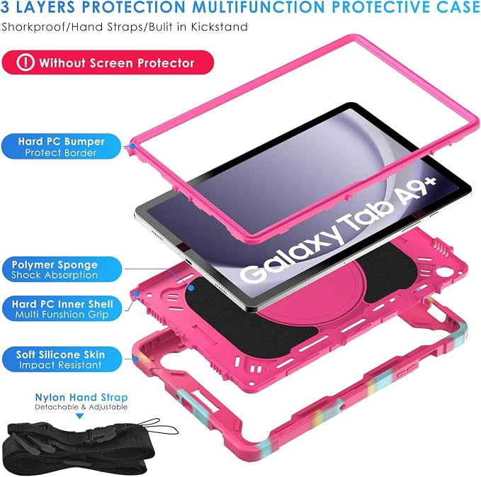 DETUOSI Galaxy Tab A9 Plus Case - Shockproof with 360 Stand &amp Strap Heavy Duty for SM-X210/X216/X218 Black