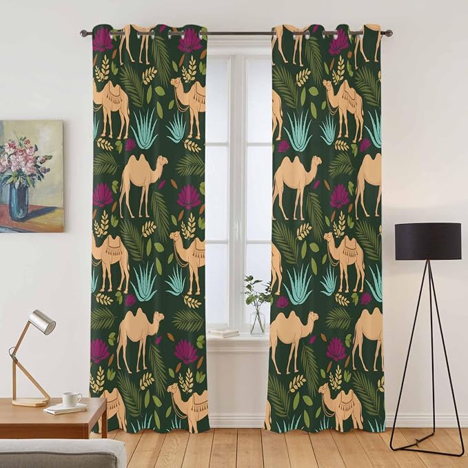 2 Panel Kitchen Cafe Curtains, Retro Desert Camel Sunlight Filtering Nature Air