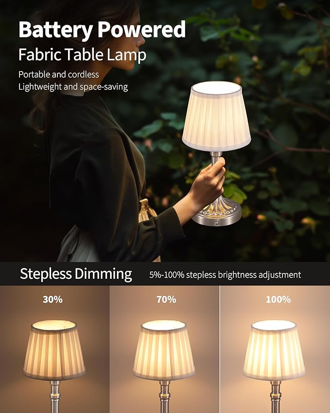 KDG Cordless Portables Table Lamp Set of 2, LED Fabric Shade Small Desk Lamps, 5000mAh Battery Powered Lighting, 2700K Stepless Dimmable Light for Living Room, Dining Room, Bedroom, Bedside (Nickel)
