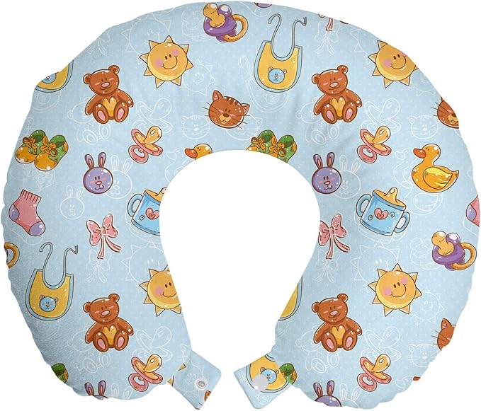 Ambesonne Cartoon Travel Pillow Neck Rest, Sun Teddy Bear Ribbon Feeder Pacifier Chick Kitty Cat Design, Memory Foam Traveling Accessory for Airplane and Car, 12", Pale Blue Cinnamon