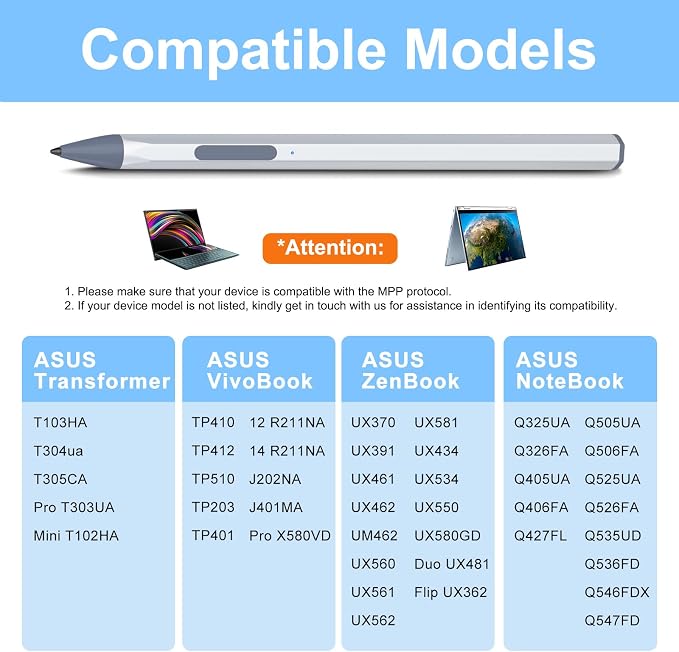 ASUS Stylus Pen for Transformer/Vivobook Flip/Notebook Touchscreen Laptop/Tablet - Rechargeable 4096 Pressure Sensitivity Microsoft MPP Protocol Black