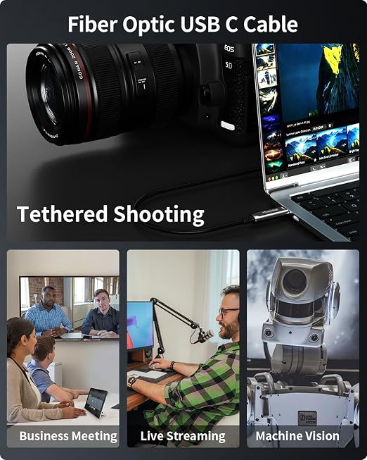 Fiber Optic USB C Cable 33ftRight Angle 10Gbps Active Optical Data Transfer for 4K CamerasWebcamsHubsHDDsVR/ARProjectors &amp Medical Systems