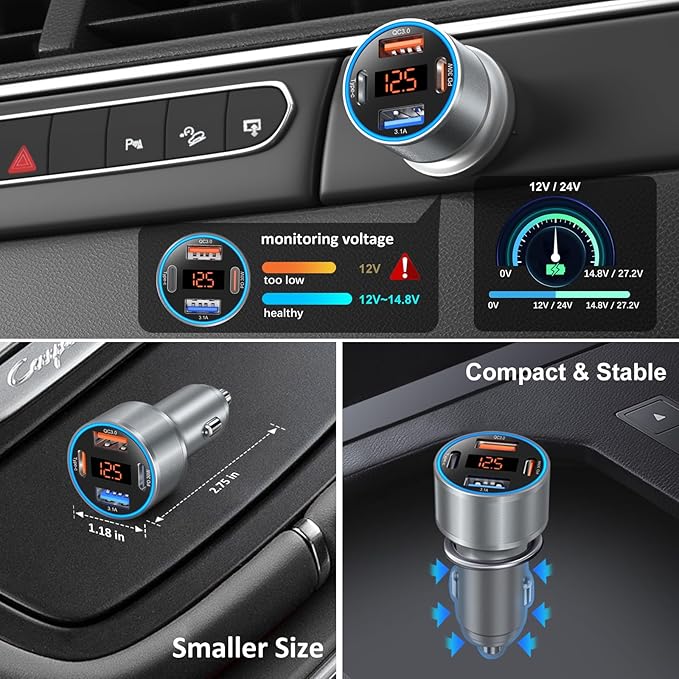 Car Charger USB C, 65W Multi Port Dual 12V USB C Car Charger Adapter with Voltage Display PD/QC 3.0 Super Fast Charging Cigarette Lighter Adapter for iPhone 17 16 15 14 13 12 Pad Pro Air(Gray)