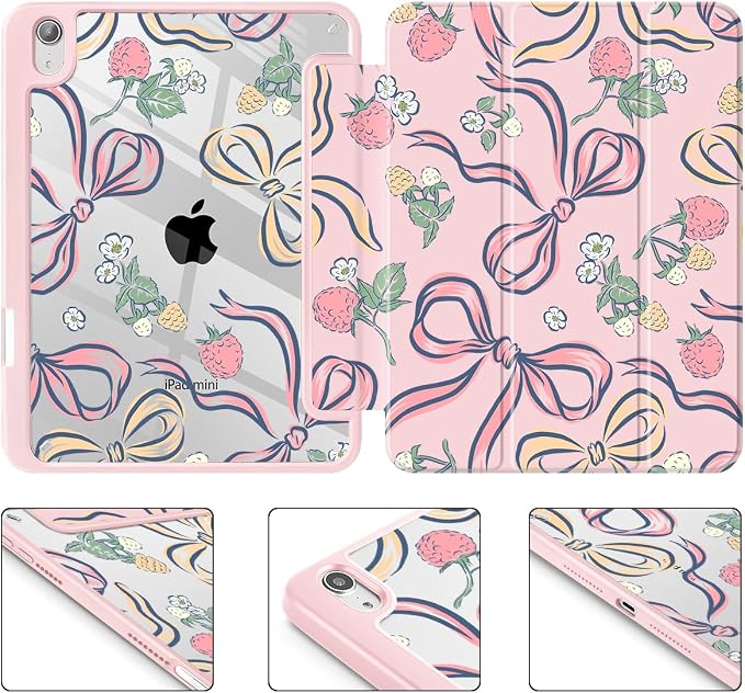 Case for iPad mini (A17 Pro 7th Generation) 2024/iPad Mini (6th Gen) 8.3 Inch with [Built-in Pencil Holder] Shockproof Cover with Clear Transparent Back Shell &amp Auto Wake/Sleep - Blue Bows
