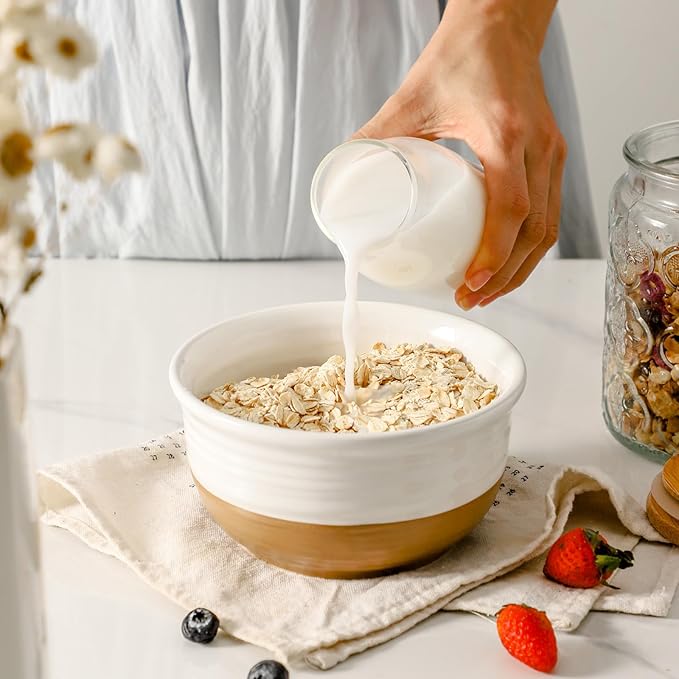 Hasense Ceramic White Colorblocked Design Bowls - 20 OZ Stackable Set of 6, Dishwasher and Microwave Safe for Pasta, Oatmeal, Rice, Ice Cream