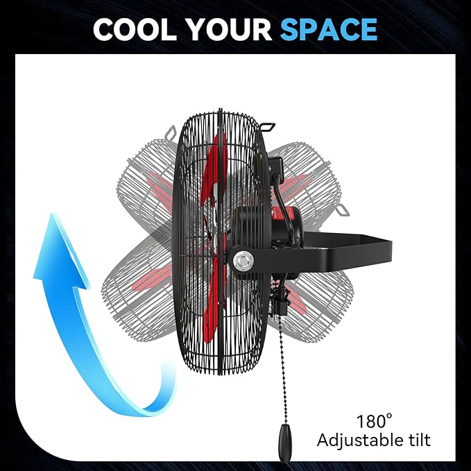Fanqiebros 12 IN High Velocity Wall Mount Fan, 3 Speed Industrial Wall Fan with Sealed Motor, 2500 CFM Adjustable Air Circulator for Garage, Commercial, Greenhouse, Warehouse & Gazebo Use, UL Listed