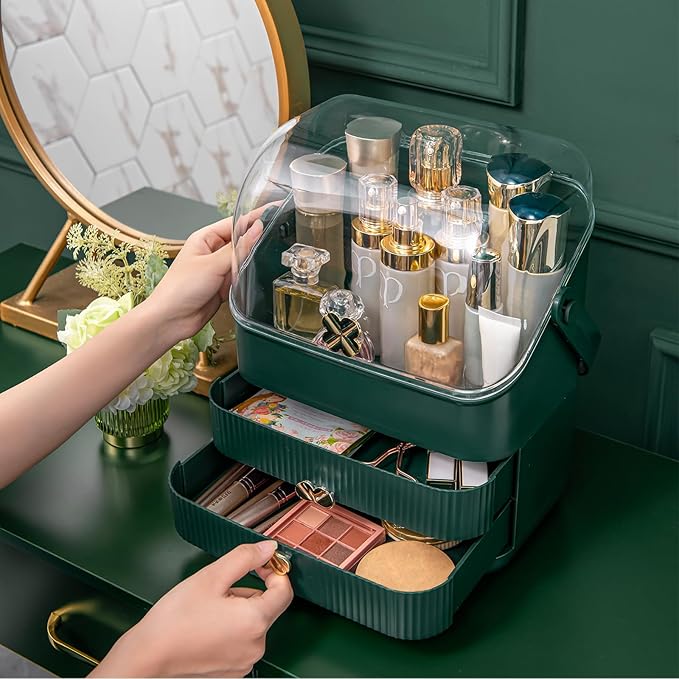 Preppy Skincare Organizers Makeup Organizer Holder Cosmetic Storage Box Display Case 3 Tiers Dust Free Cover Portable Handle 2 Rroomy Drawers Gift Great For Bathroom Countertop Dresser Dark Green