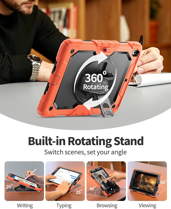 Ambison Case for iPad (A16) 11th/10th Generation 11''/10.9'' Black | Hand Strap 9H Tempered Glass Screen Protector Rotating Stand Shoulder Strap Heavy Duty Shockproof Pencil Holder