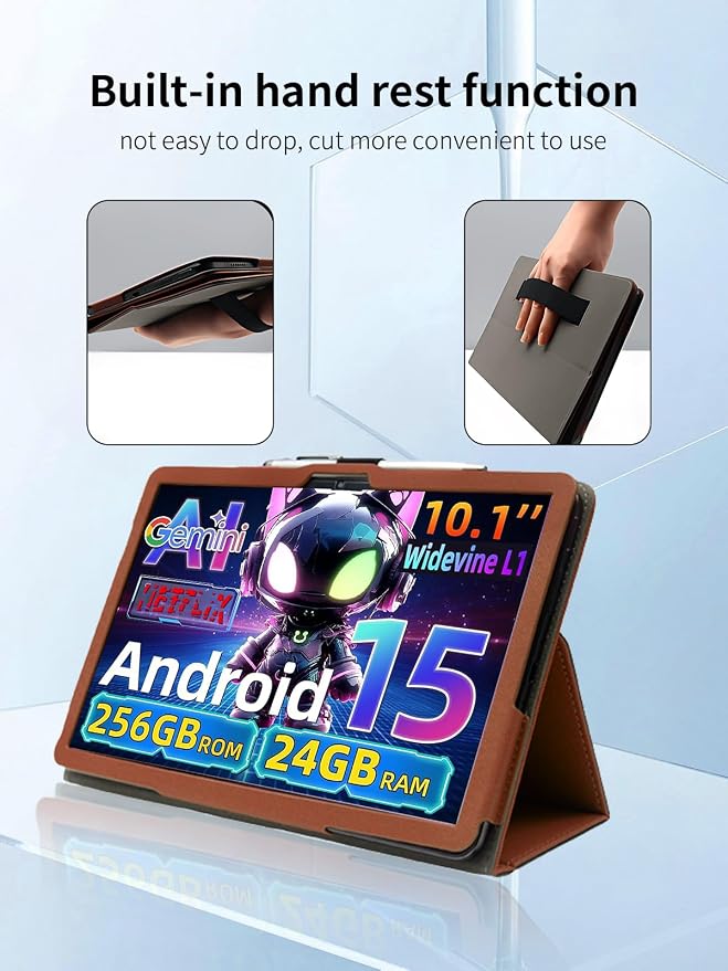 Case for VekfulPC T20 Tablet 10 Inch Android 15 TabletUYRUREL Leather Slim Folding Stand Cover with Hand Strap Magnet for Men Women Full ProtectionBlack.