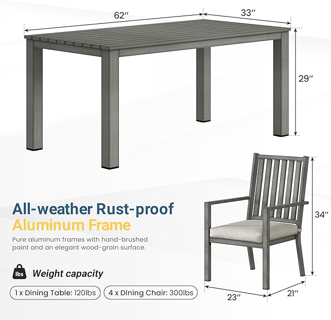 Wisteria Lane 5 Pieces Outdoor Dining Table Set, Aluminum Patio Table and Chairs Set, Outdoor Dining Table with 4 Chairs, Patio Dining Sets with Removable Cushion for Lawn, Garden, Backyard, Gray