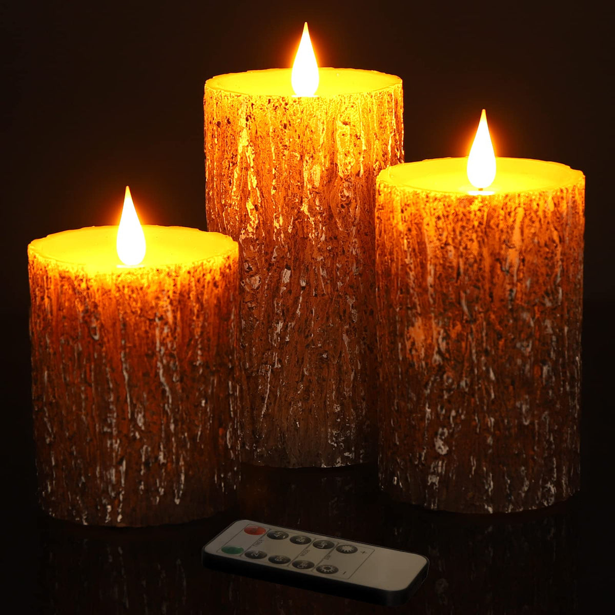 Enpornk Flameless Candles Battery Operated Pillar Pine Effect Real Wax Flickering 3D Wick Electric LED Decorative Candle Sets with Remote Control Cycling 24 Hours Timer, 4" 5" 6" Pack of 3