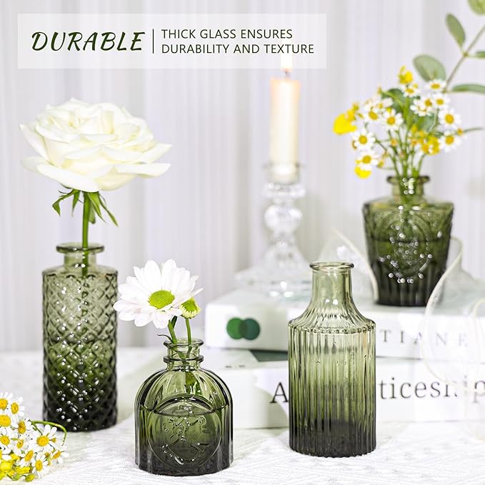 12pcs Glass Bud Vase Set, Small Green Flower Vases for Centerpieces in Bulk, Mini Vintage Vase for Wedding, Home,Table Decoration