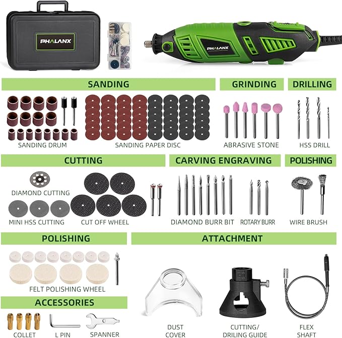 180W Rotary Tool Kit, 1.5-Amp PHALANX 6 Variable Speed with Flex Shaft, 8000-32000RPM Multi-Tool& 139pcs Accessories Kit, Power Multiuse Set Prefect for Crafting Projects and DIY Creations…