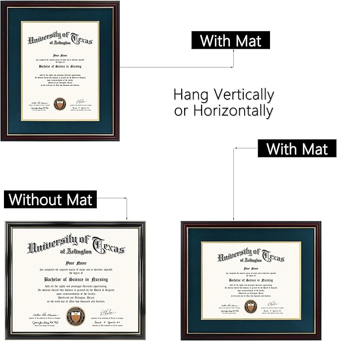 GraduationMall 11x14 Diploma Frame with Navy over Gold Mat or Display 15x18 Certificate without Mat,Solid Wood & UV Protection Acrylic,Cherry Finish with Gold Trim
