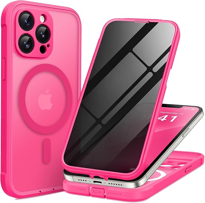 BERFY Magnetic for iPhone 13 Pro Max Case,Compatible with MagSafe,Built-in Privacy Screen Protector and Upgraded Camera Protection,Anti-Spy Full Body Shockproof Phone Case for 13 Pro Max 6.7",Hot Pink