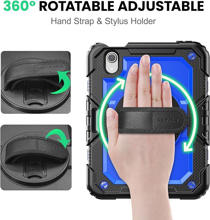 SEYMAC for iPad 9th/8th/7th Generation Case 10.2 2021-2019 Full-Body Shockproof Protective Case with Screen Protector Rotating Stand/Handle/Shoulder Strap for iPad 10.2 Blue/Black