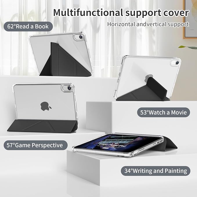 Case for iPad mini 7 (A17 Pro 2024) / iPad mini 6 2021 8.3 Inch | Slim Light Clear Anti-Yellow Transparent Back Cover Multi-Angle Stand Protective Case Auto Sleep/Wake (Black)