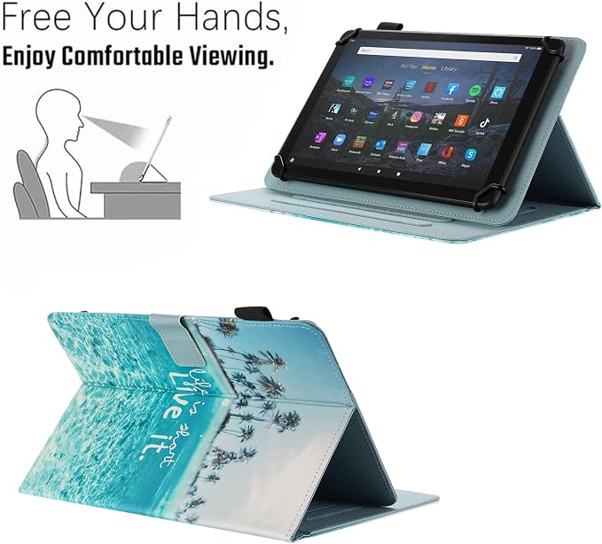 Universal Case for 10 Inch Tablet Multi-Angle Viewing Stand Case for 9.5-10.5 Inch Tablet Premium PU Leather Folding Stand Cover with Pen Holder &amp Multiple Angles Stand - Beach
