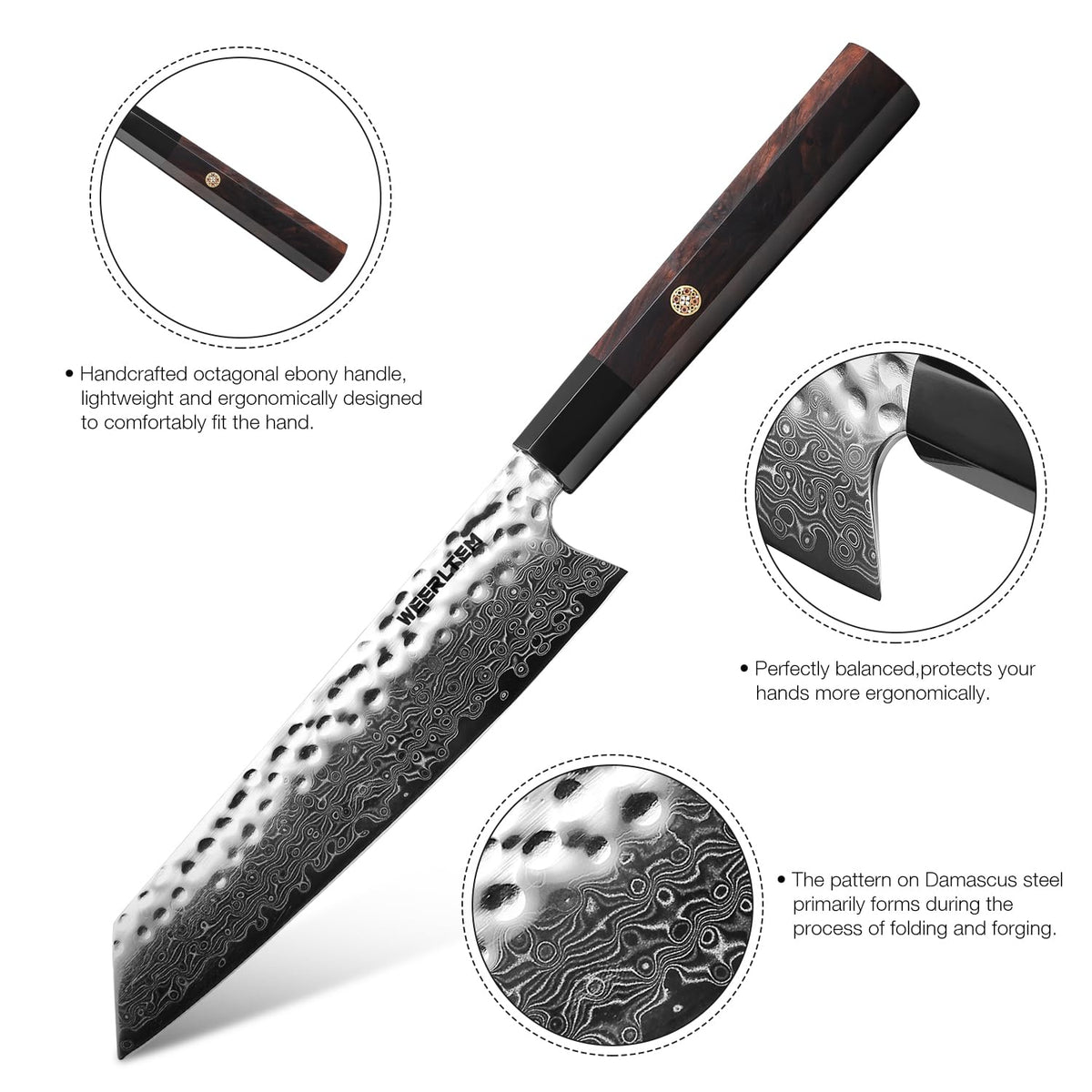 WEERLTEM Kiritsuke Chef Knife 8 Inch, Hand-forged 67-Layer VG10 High Carbon Steel Japanese Damascus Chef Knife, Ultra Sharp Hammered Damascus Chef Knife with Octagonal Ebony Handle & Gift Box
