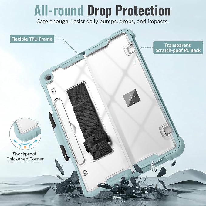 TiMOVO Case for Microsoft Surface Pro 12 Inch 2025 Black | Pen Holder Rugged Clear Back Protective Cover Removable Hand Strap Compatible with Type Cover Keyboard