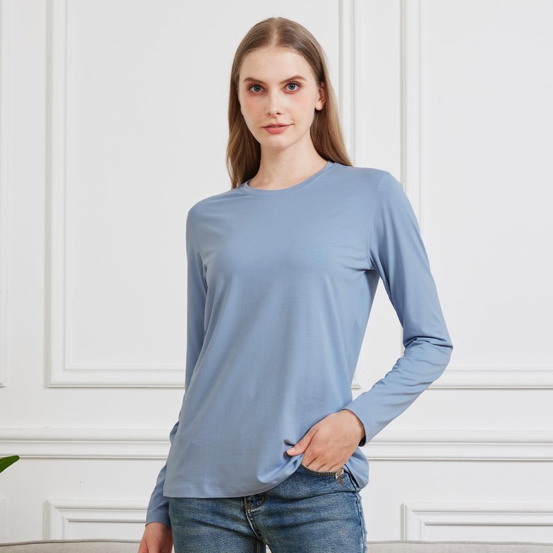 netdraw Women's Bamboo Viscose Cotton Long Sleeve T-Shirt, Crew Neck Buttery Soft Comfy Casual Lounge Sleep Pajama Tees, Frost Blue, Medium