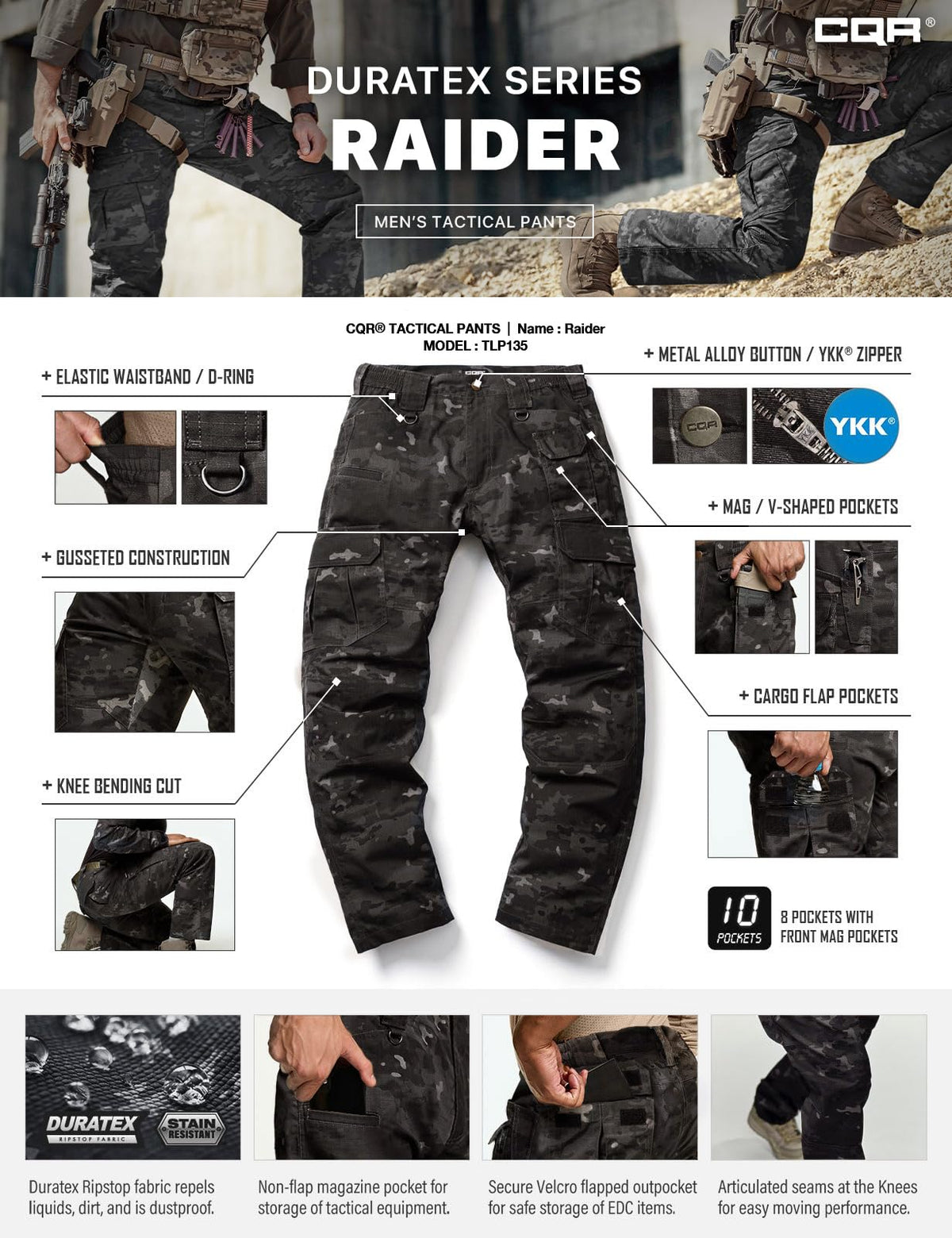 CQR Men's Tactical Pants, Water Resistant Ripstop Cargo Pants, Lightweight EDC Work Hiking Pants, Outdoor Apparel, Duratex Mag Pocket Print Utility Camo Black, 28W x 30L