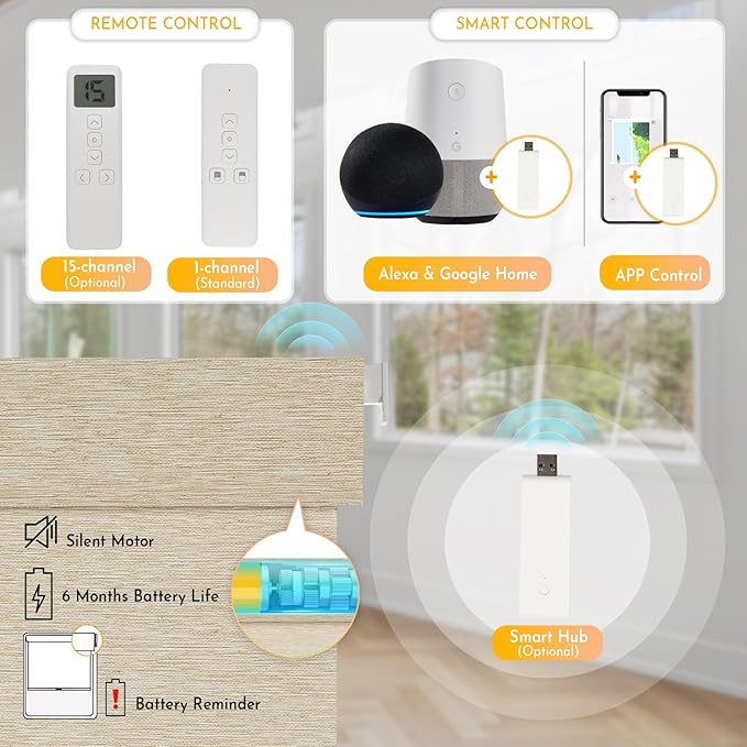 Persilux Smart Motorized Blinds with Remote, No Drill Automatic Roller Shades for Indoor Windows, Light Filtering Linen Fabric, Electric Blinds for Windows, Nature Khaki C25-3, Custom Size