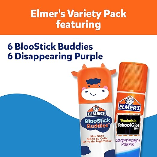 Elmer's Glue Sticks Combo Pack, BlooStick Buddies & Disappearing Purple, 6 Grams, 12 Count - Kids School Supplies, Arts & Crafts, #1 Teacher Brand